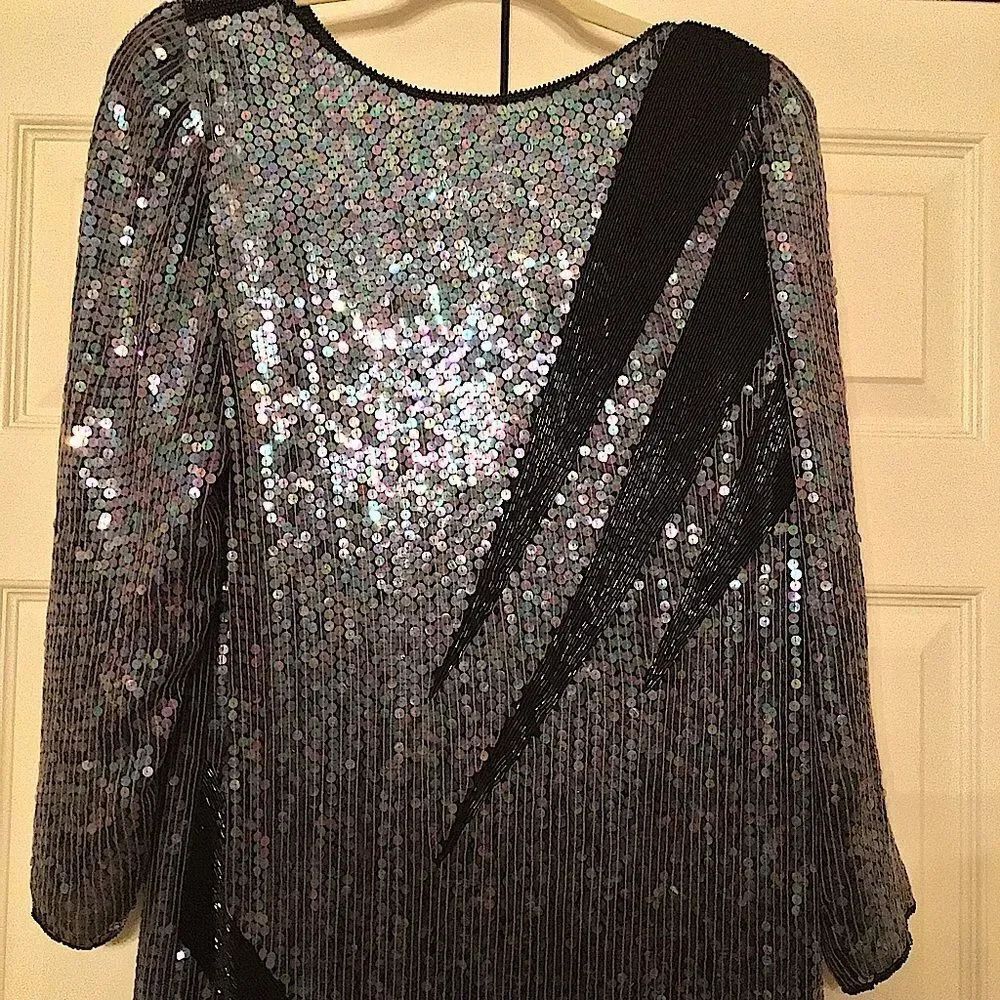 Vintage Holiday NYE 100% Silk Sequin Deco Disco/Gatsby Style Dress